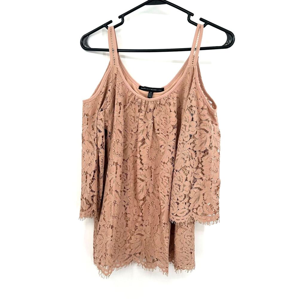 White House Black Market Blouse Size XS Blush Beige Lacey Cold Shoulder Formal